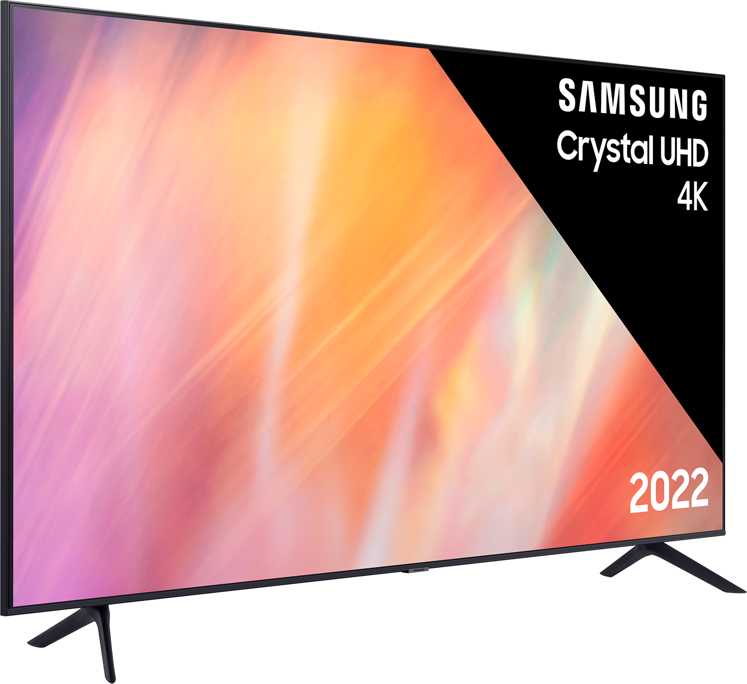 A Samsung Crystal UHD 4K TV. It has a colorful screen and a black frame and stand with '2022'.