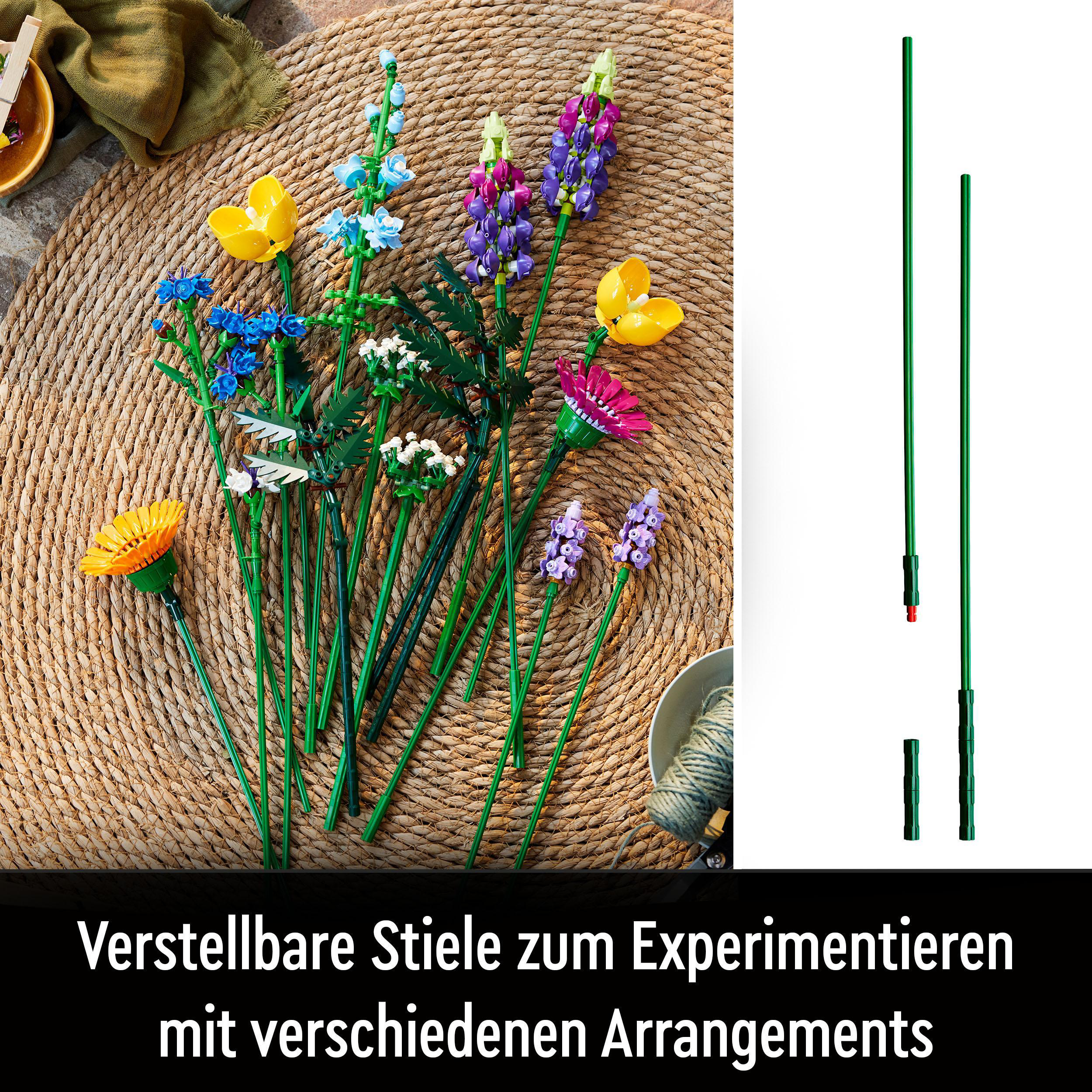 Eine Auswahl an bunten Lego-Blumen und grünen Stielen, mit Text über verstellbare Stiele.
