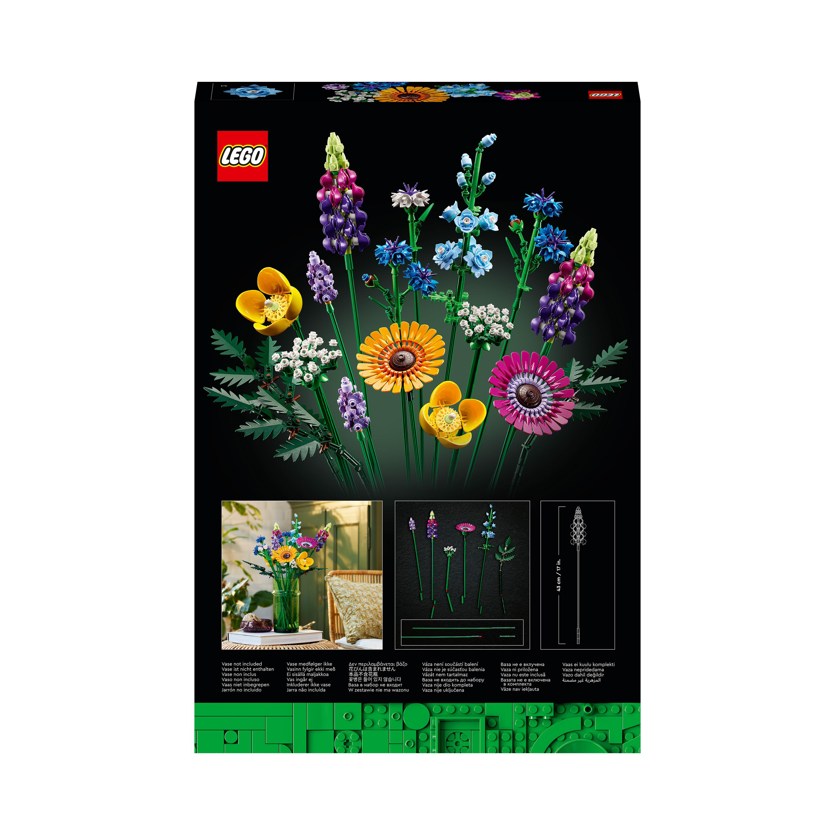 Rückseite einer Lego-Box mit verschiedenen bunten Lego-Blumen und Anleitungen.