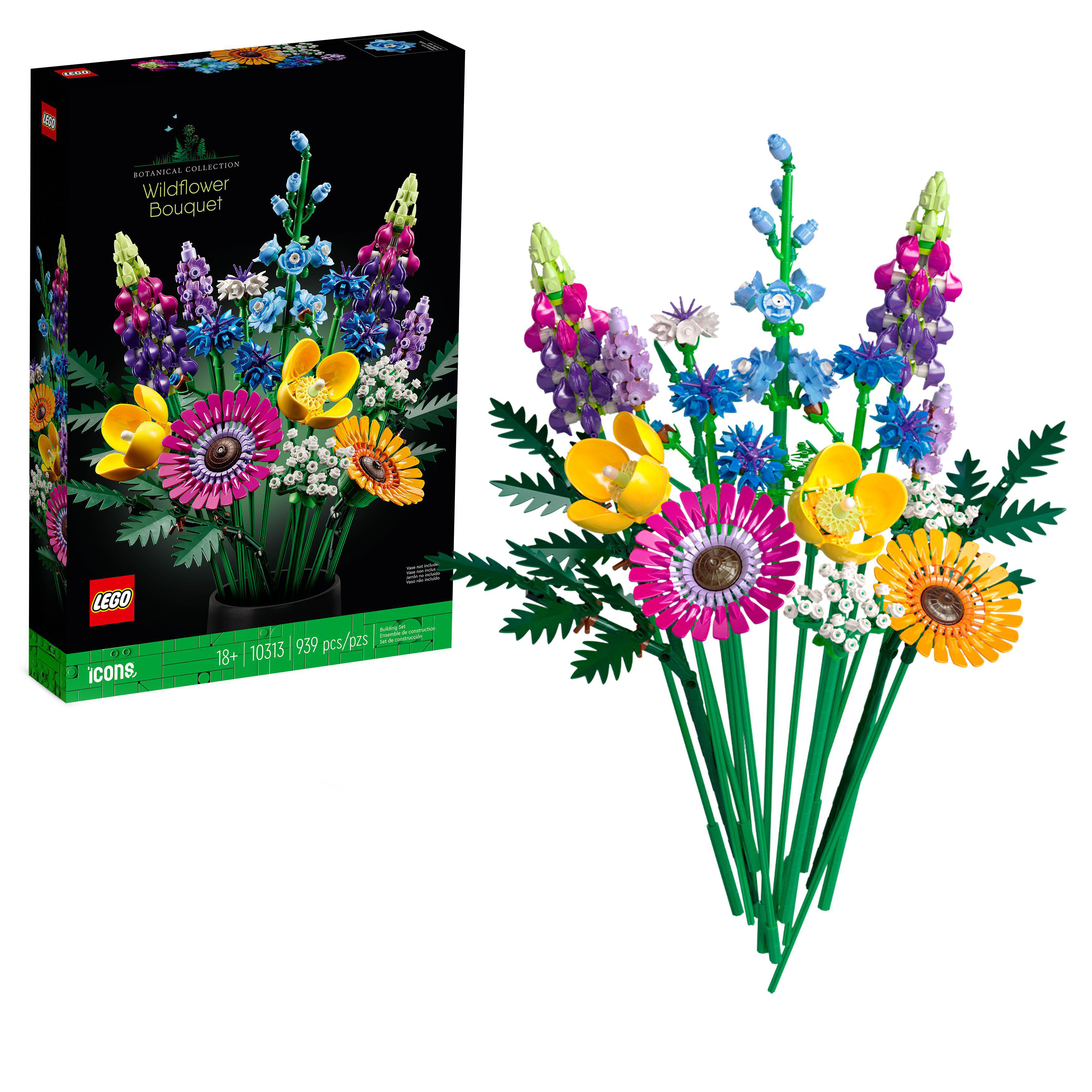 Lego-Blumenstrauß mit einer Box. Die Box zeigt einen Strauß bunter Lego-Blumen.