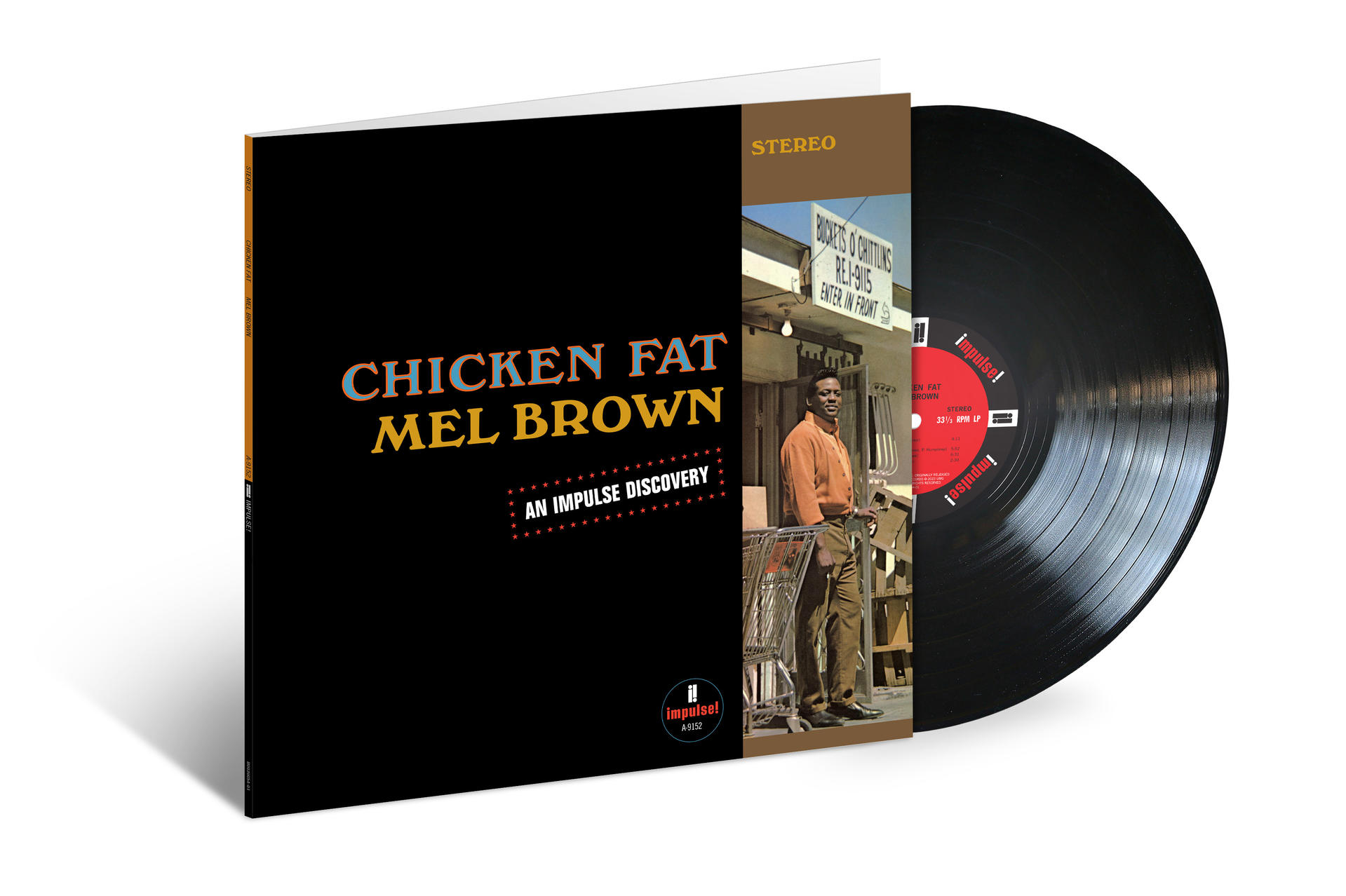 A Chicken Fat Mel Brown album borítója. Egy férfi egy bolt előtt áll, bevásárlókocsit tartva.
