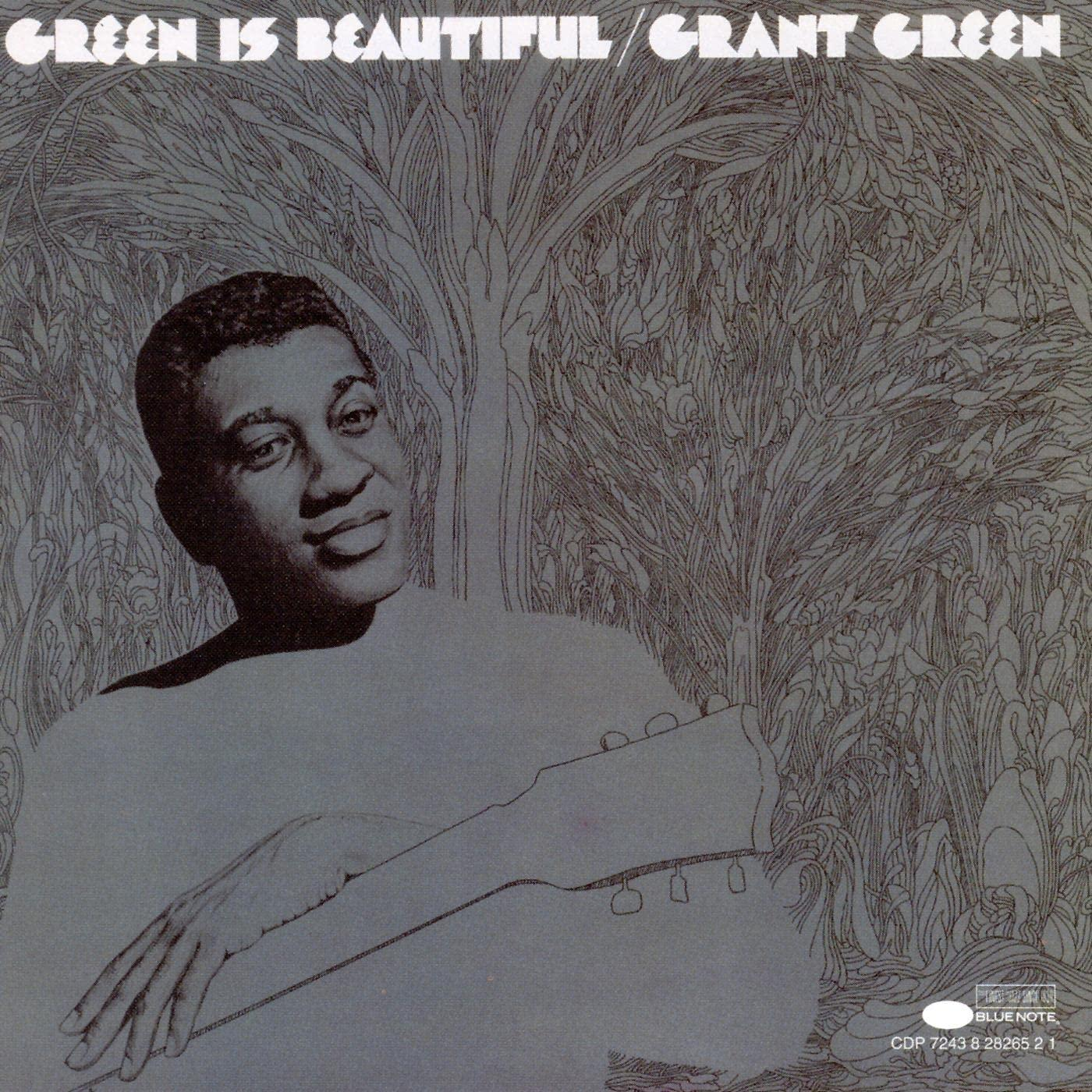 Album borító, Grant Green, Green Is Beautiful. Egy férfi gitárt tart, a háttérben egy fa minta.