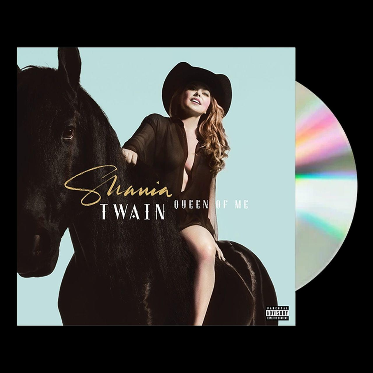 Shania Twain album borítója egy nővel, aki lovagol, kék háttér előtt.