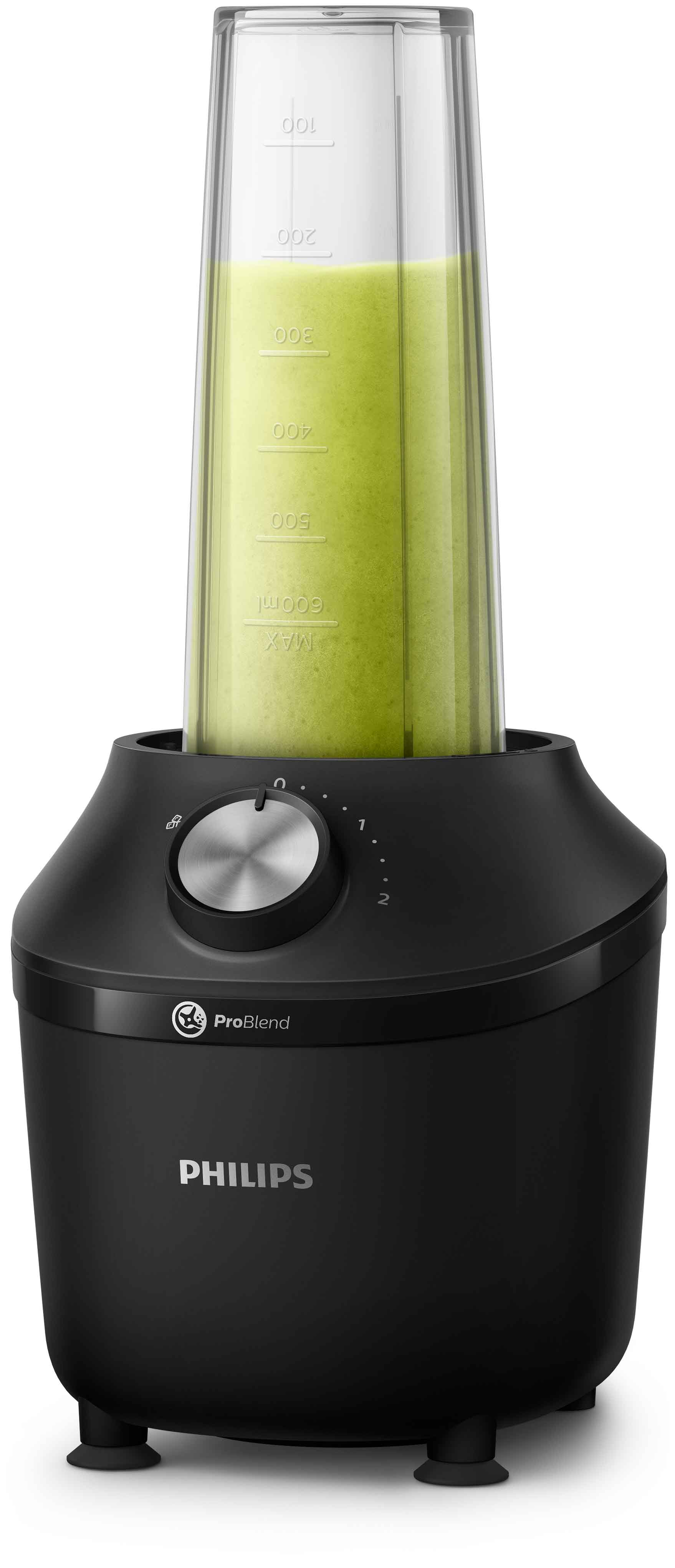 Yeşil smoothie dolu uzun, şeffaf bir kap ile siyah bir Philips ProBlend blender.