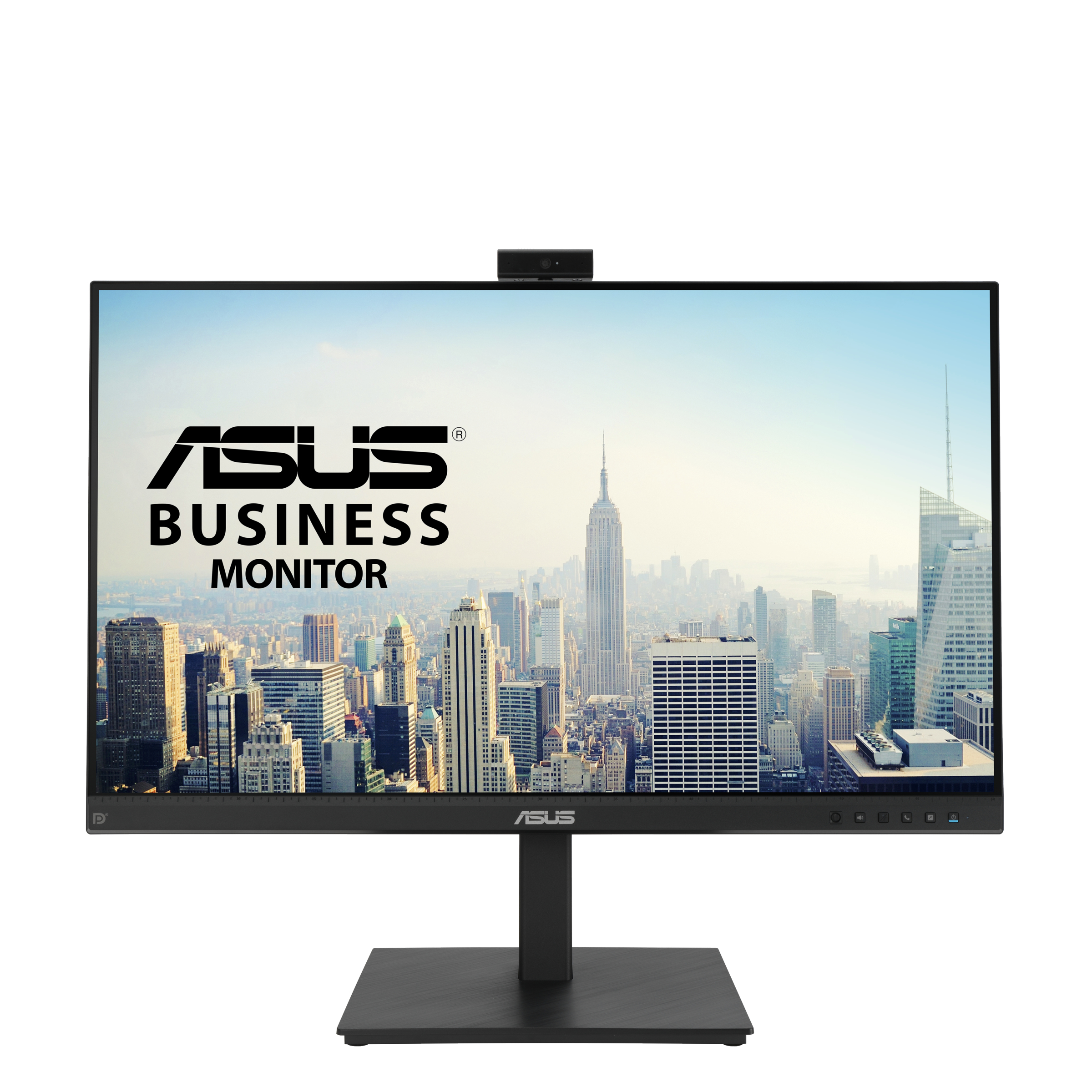 Monitor ASUS Business mostrando paisaje urbano con webcam encima.