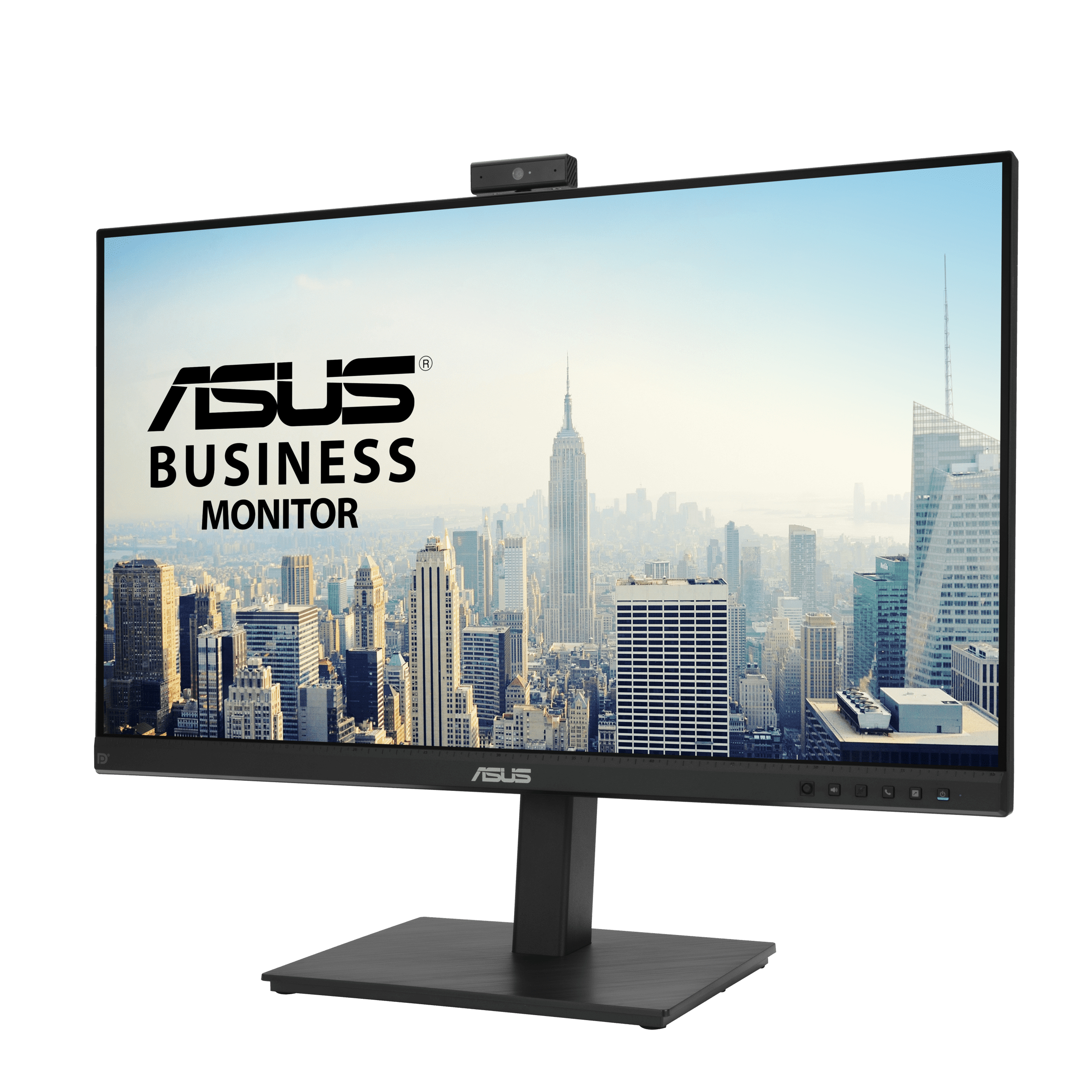 Monitor ASUS Business mostrando paisaje urbano. Marco negro, webcam y soporte.