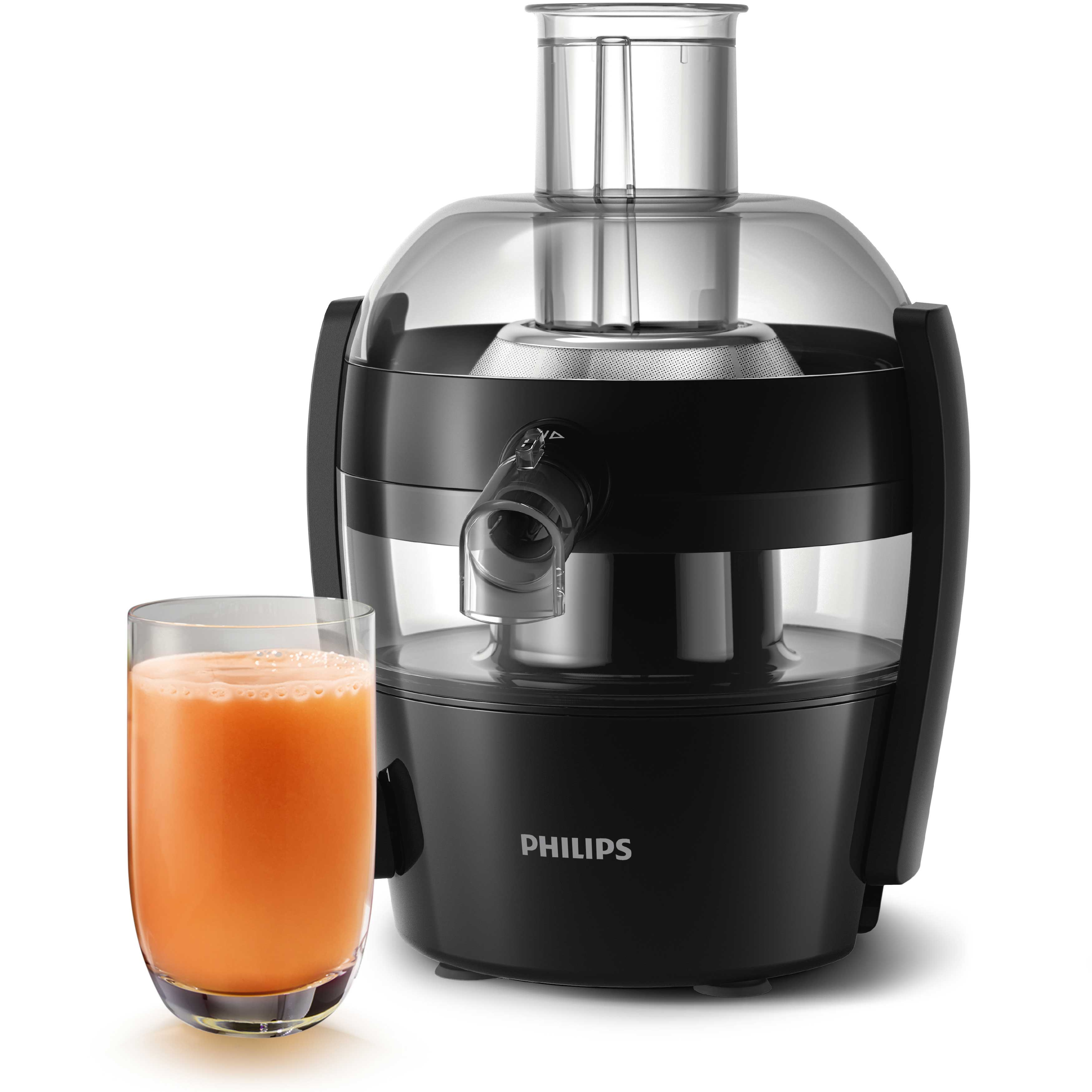 Bir bardak portakal suyu ile siyah Philips katı meyve sıkacağı.