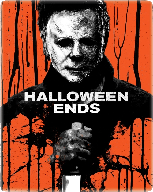 Une affiche de film. Un homme avec un masque blanc tient un couteau, avec des éclaboussures de sang et le titre Halloween Ends.