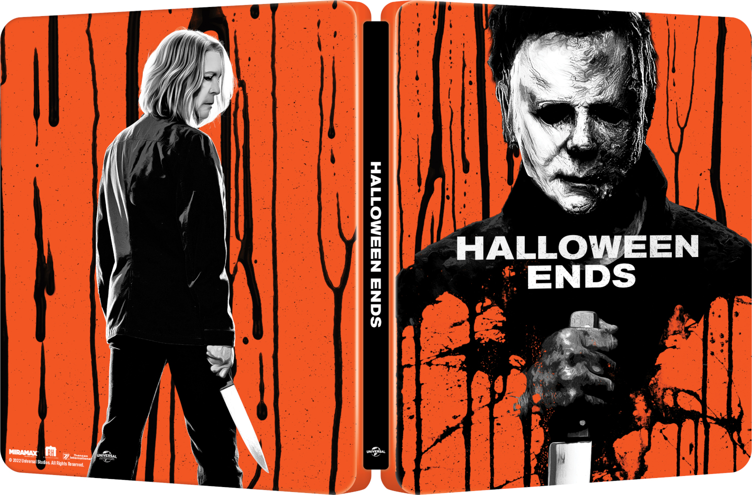 Boîtier Blu-ray de Halloween Ends, avec une femme tenant un couteau à gauche et Michael Myers à droite.