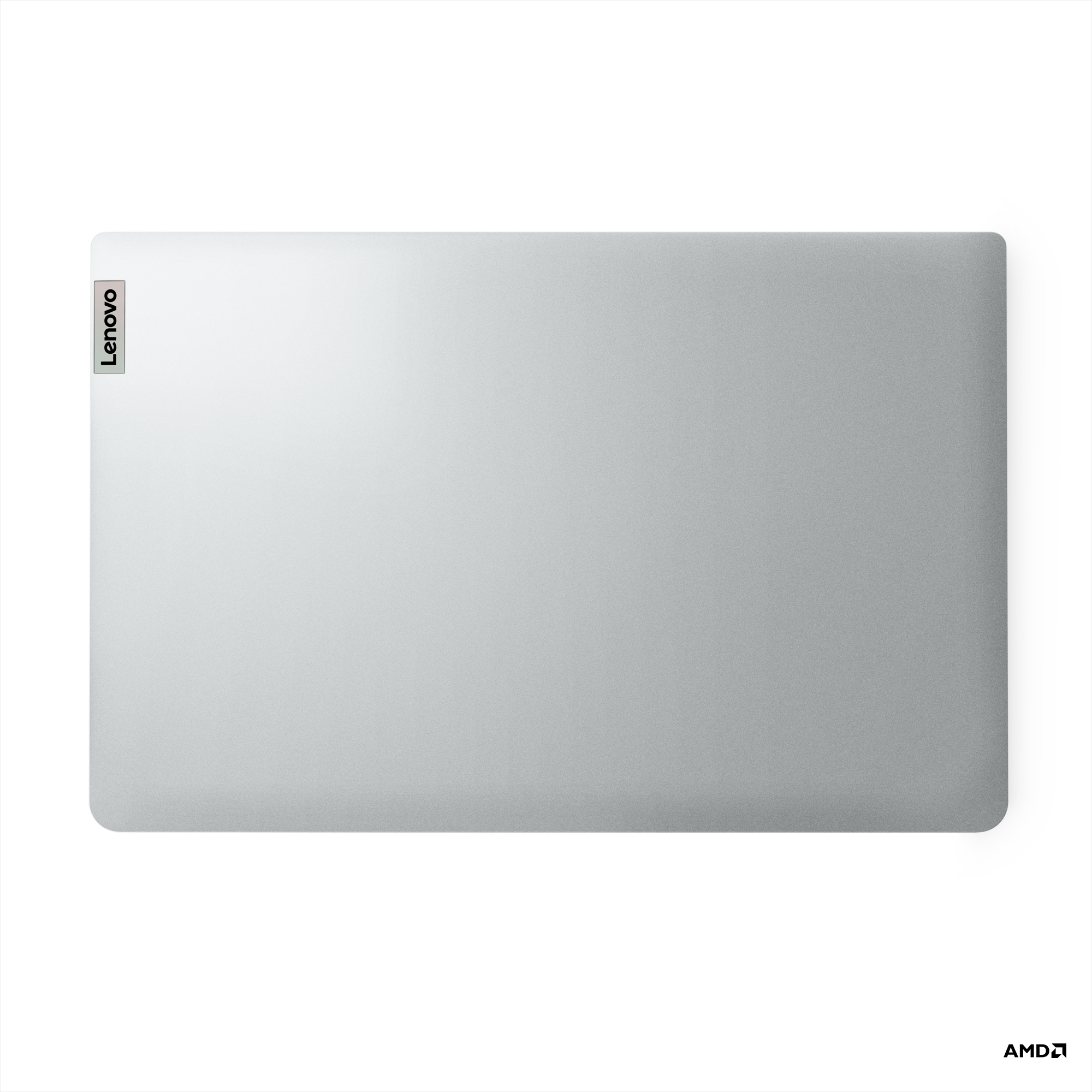 Gri bir dizüstü bilgisayar, Lenovo logosu ve AMD logosu görünür şekilde yukarıdan gösteriliyor.