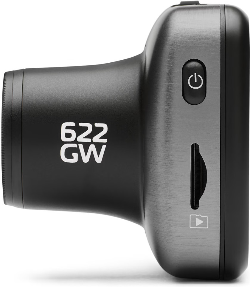 Un appareil de caméra de bord noir avec le texte 622 GW. Dispose d'un bouton d'alimentation et d'un lecteur de carte SD.