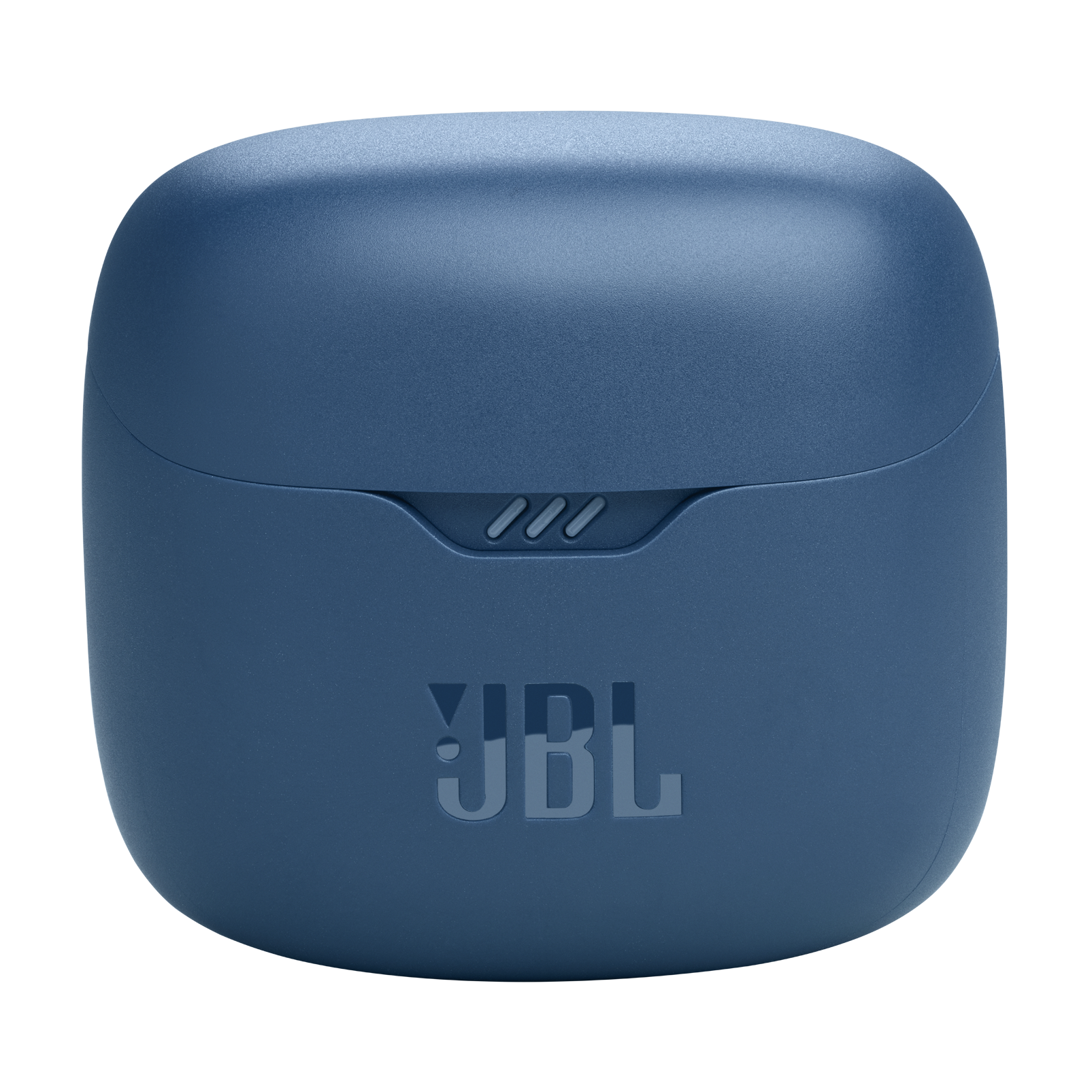 JBL logosu bulunan mavi bir JBL kulaklık şarj kutusu. Kutu kapalı.