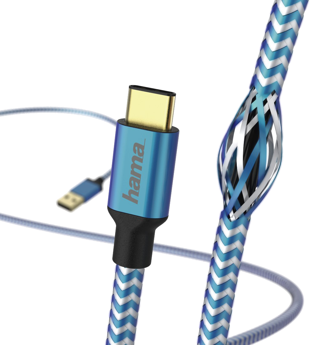Egy kék-fehér USB-C kábel kék csatlakozóval. A Hama a csatlakozóra van nyomtatva.