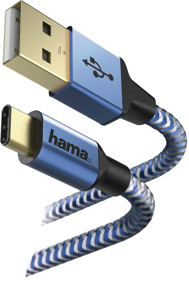USB-A - USB-C kábel. Kék és fekete. A csatlakozók láthatók.