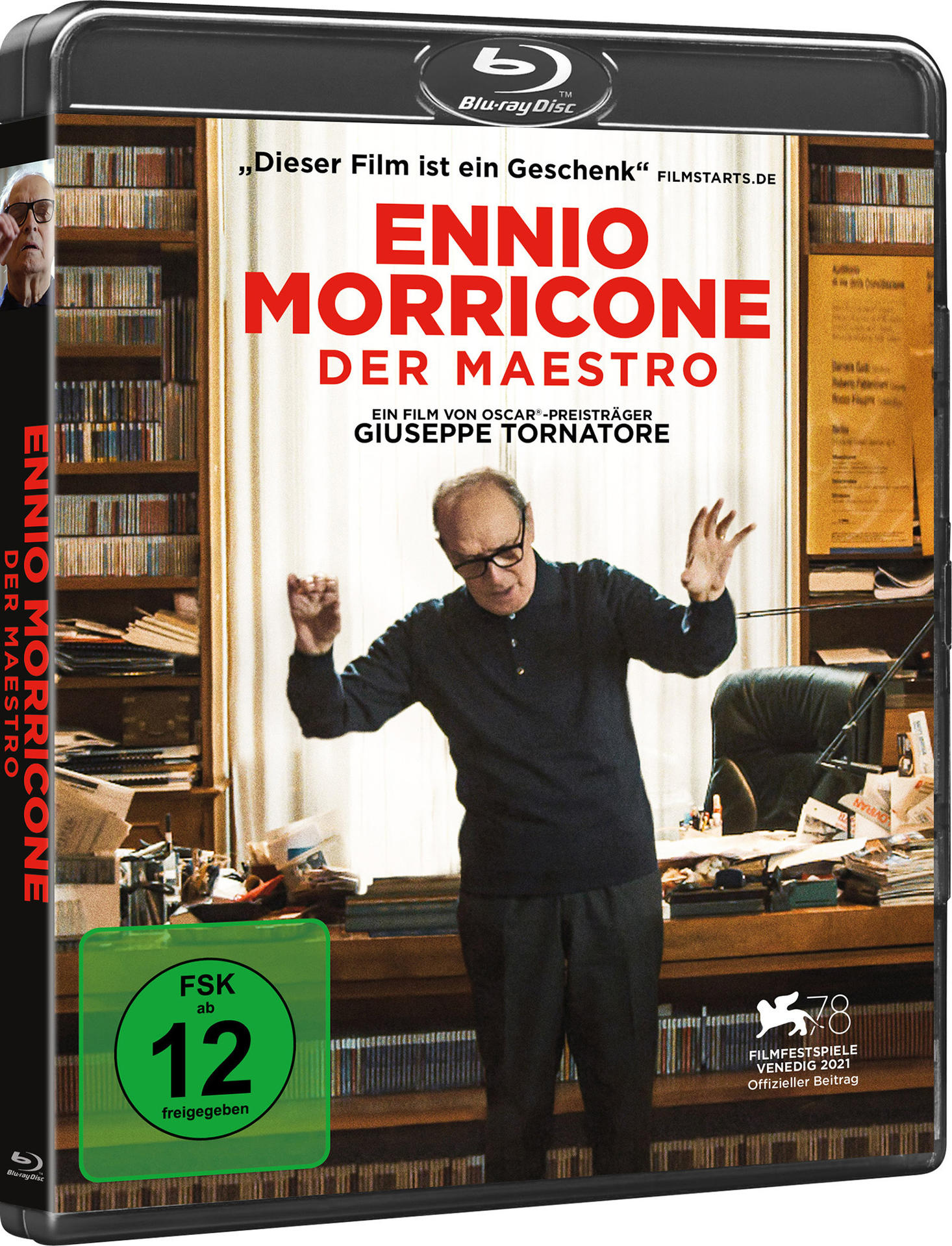 Film-Blu-ray-Hülle, Ennio Morricone, ein Mann mit Brille, Bücher im Hintergrund.