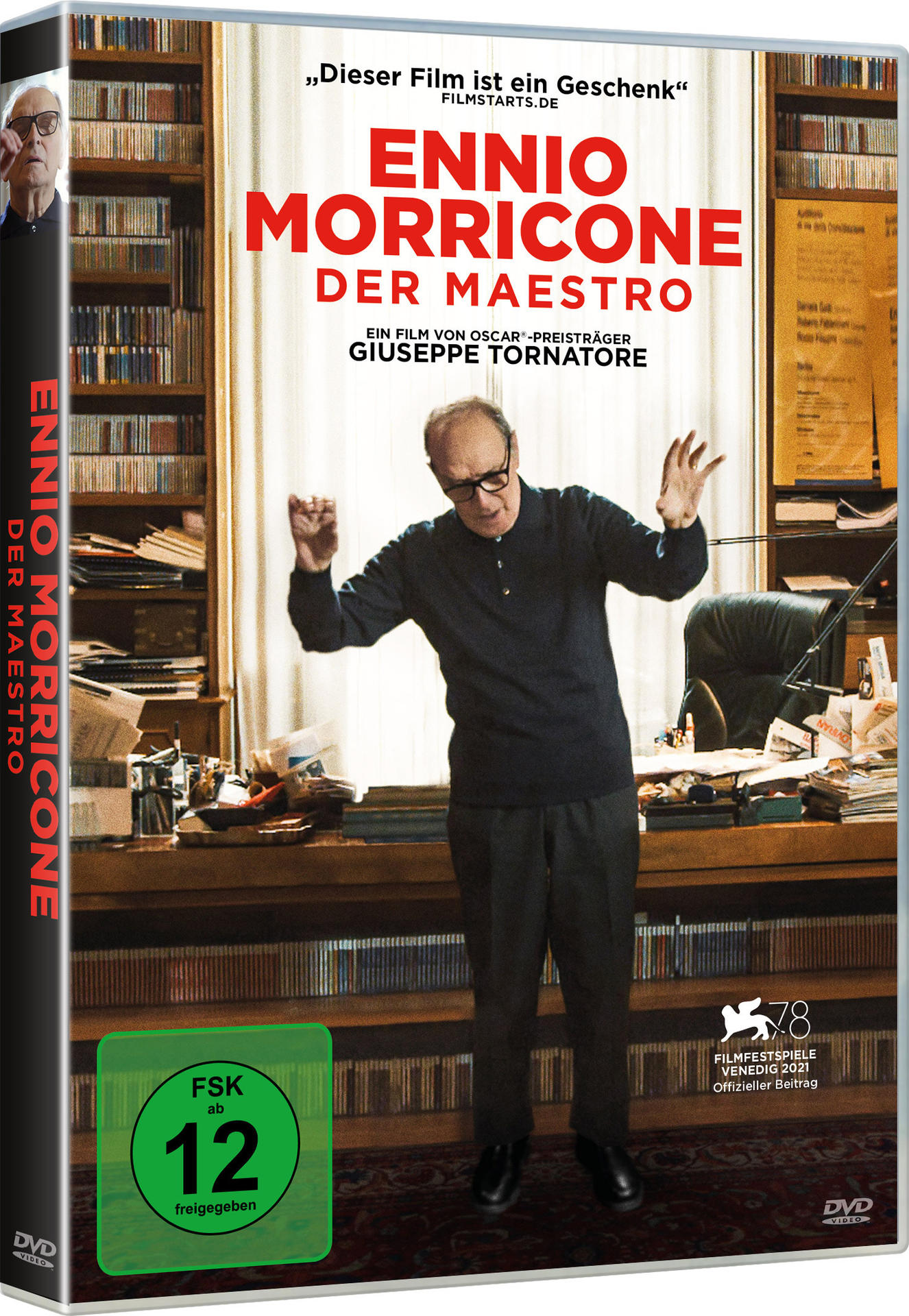 Eine DVD-Hülle mit dem Film Ennio Morricone, mit einem Mann an einem Schreibtisch mit Papieren.