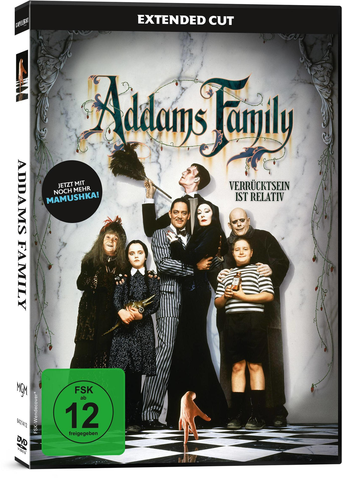 DVD-Hülle für den Film 'Addams Family'. Zeigt die Familie und hat eine 'FSK 12' Bewertung.