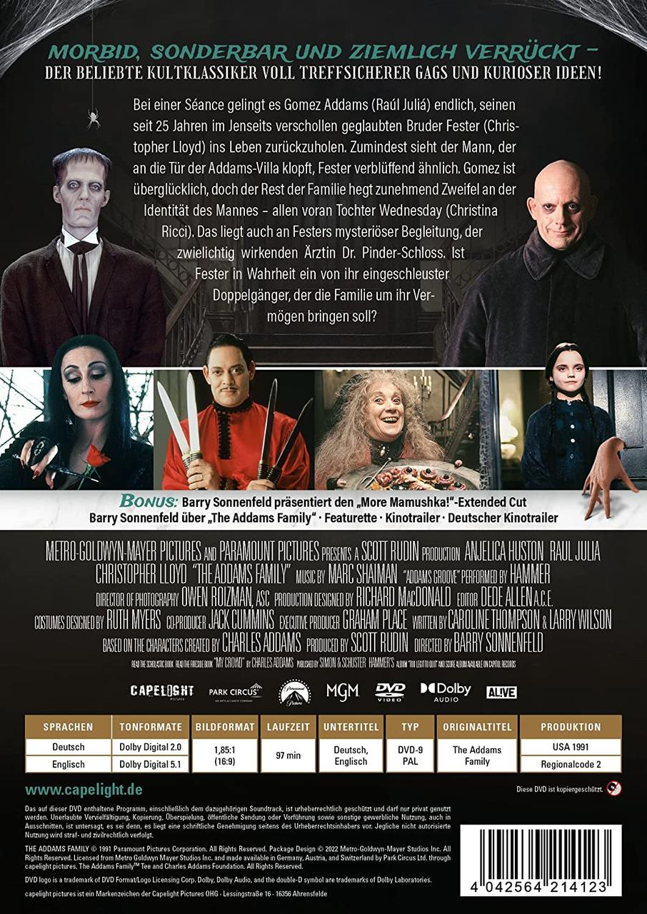 Das Cover der DVD des Films Die Addams Family. Zeigt das Familienporträt und Details.