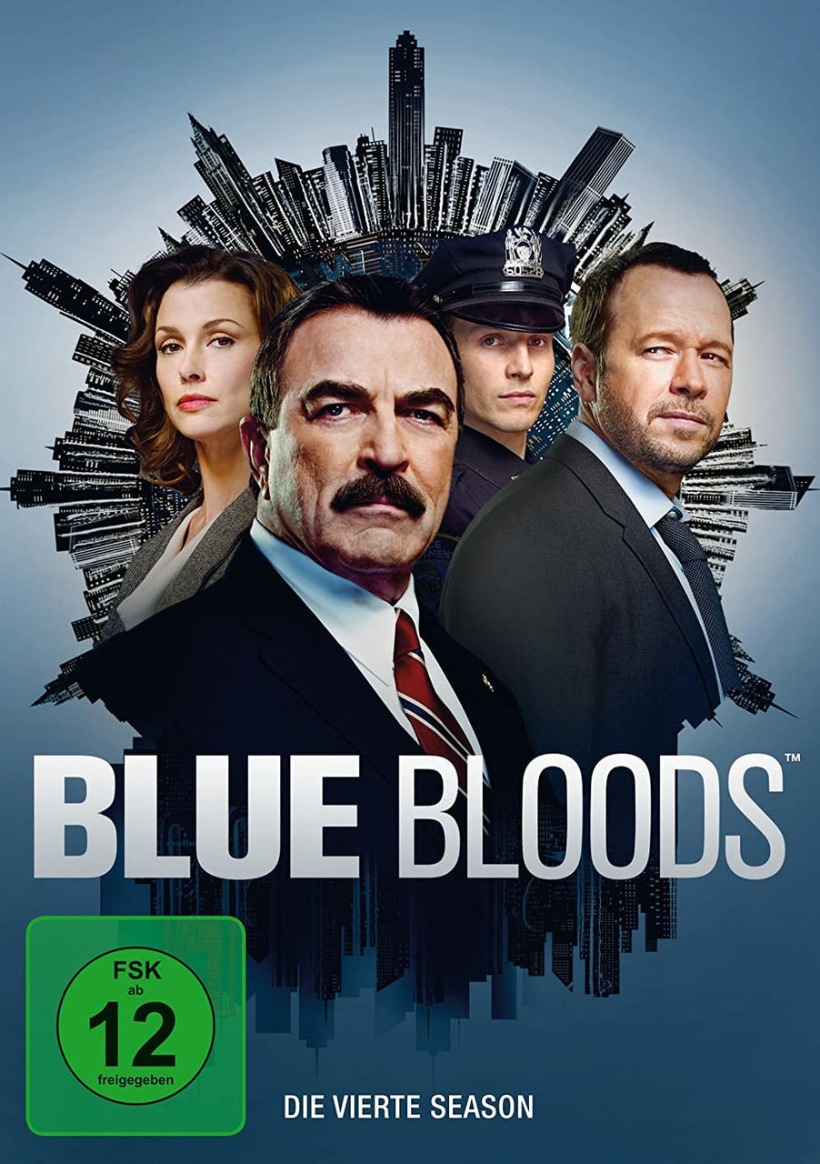 Blue Bloods DVD-Cover: Gruppenfoto vor einer Stadtbild-Illustration.