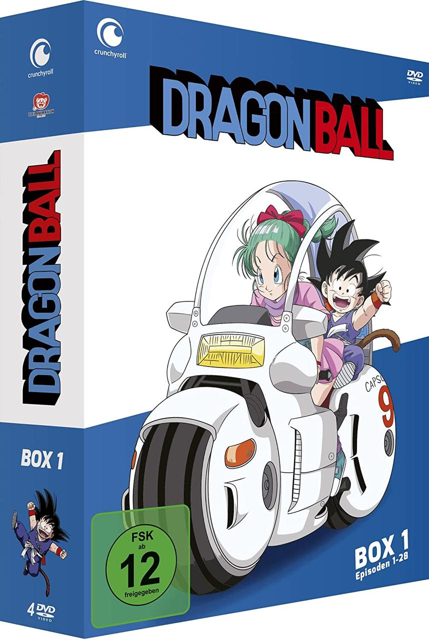 Dragon Ball Box-Set. Eine Zeichentrickfigur fährt einen weißen Roller.