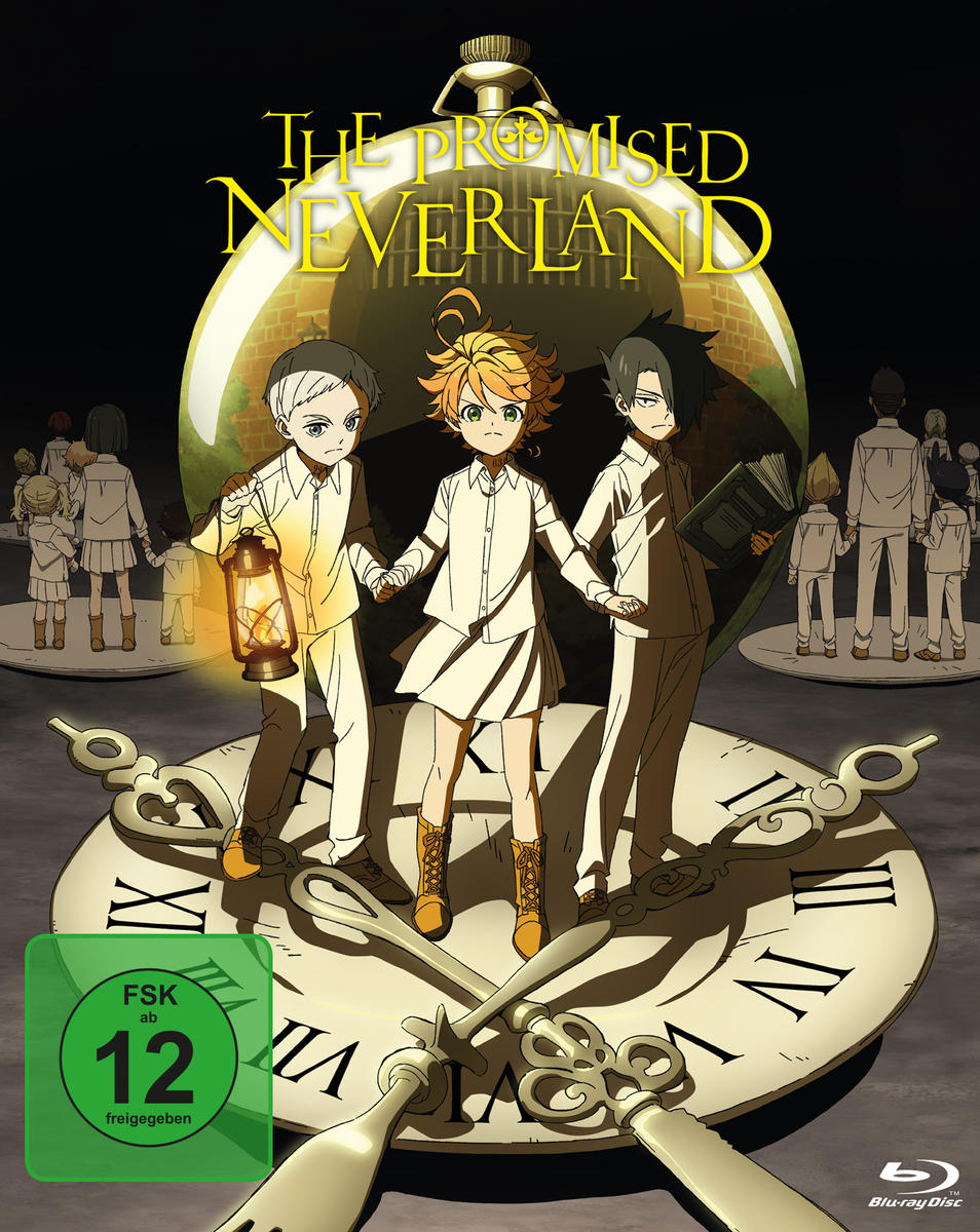 Anime-Cover: Drei Kinder halten Hände, stehend auf einem Ziffernblatt. Text: The Promised Neverland.