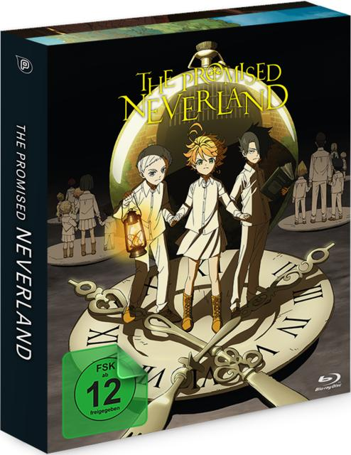 Das Cover der Anime-Box von The Promised Neverland. Zeigt drei Kinder auf einer Uhr, mit Text und der FSK 12-Einstufung.