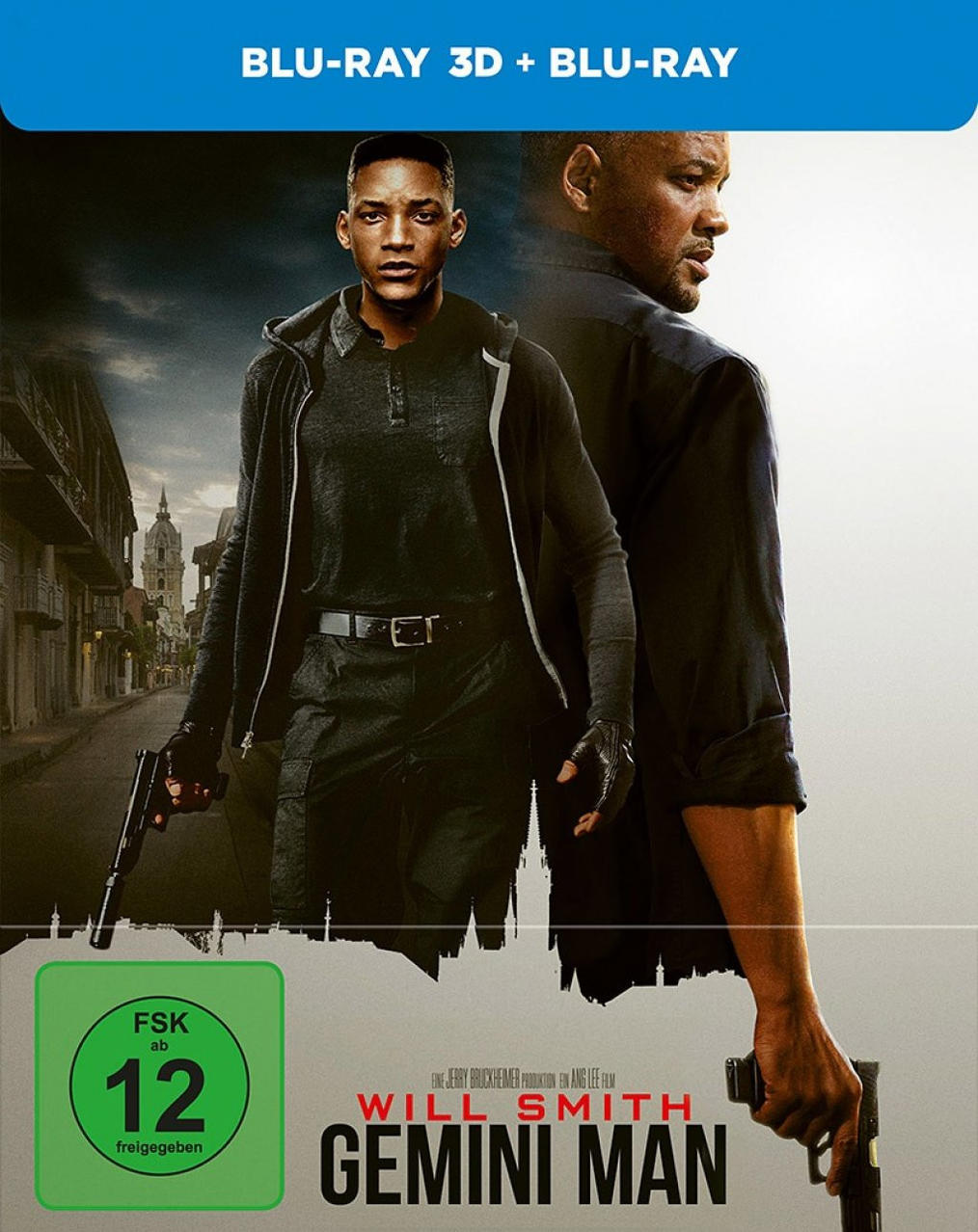 Filmcover: Will Smith mit Waffe in einer Stadt. Titel: Gemini Man.
