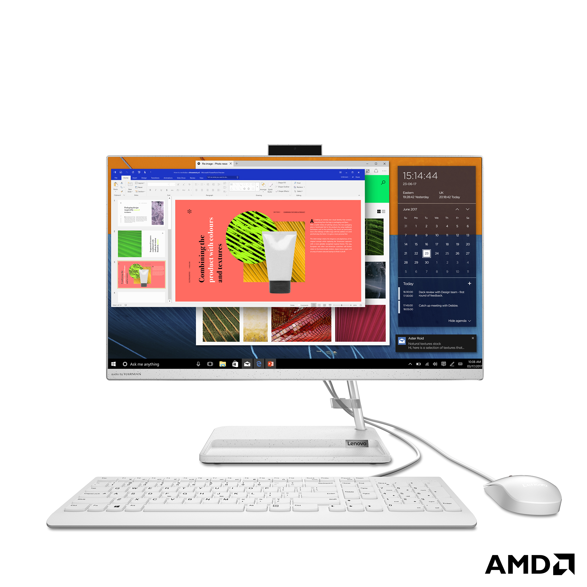 Belge, klavye ve fare gösteren bir ekran, beyaz bir yüzeyde Lenovo hepsi bir arada bilgisayar.