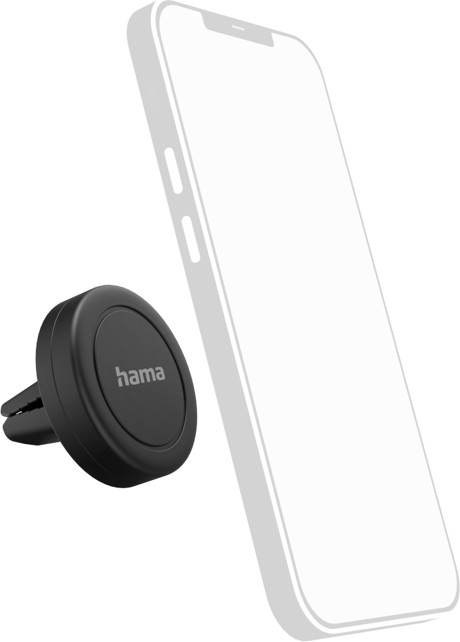 Un support de téléphone de ventilation de voiture noir avec une tête ronde, à côté d'un smartphone blanc. Le fond est noir.