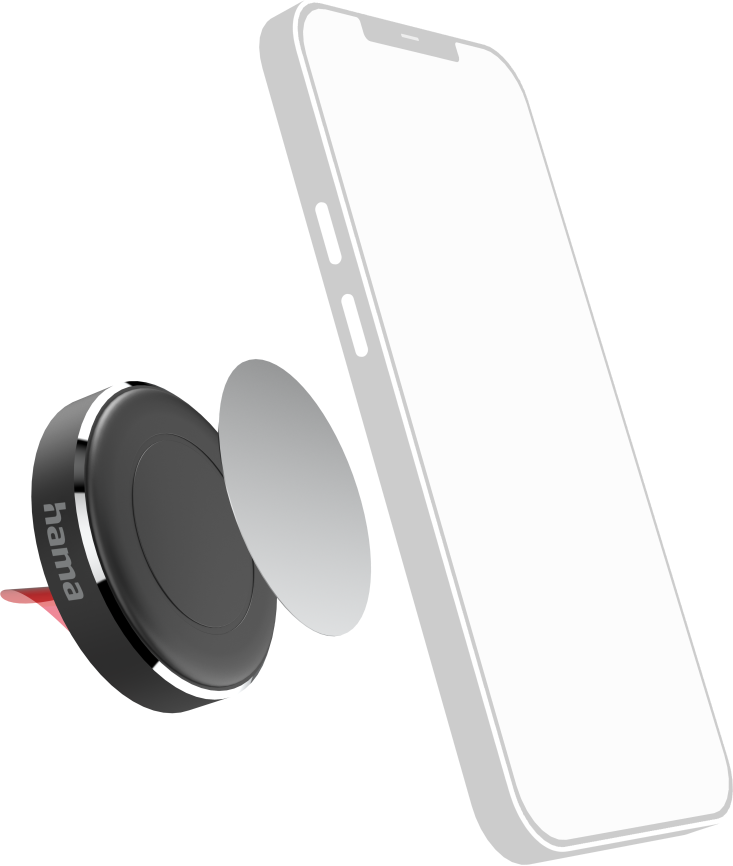 Support de téléphone de voiture noir avec téléphone blanc, clip d'aération rouge, fond noir.