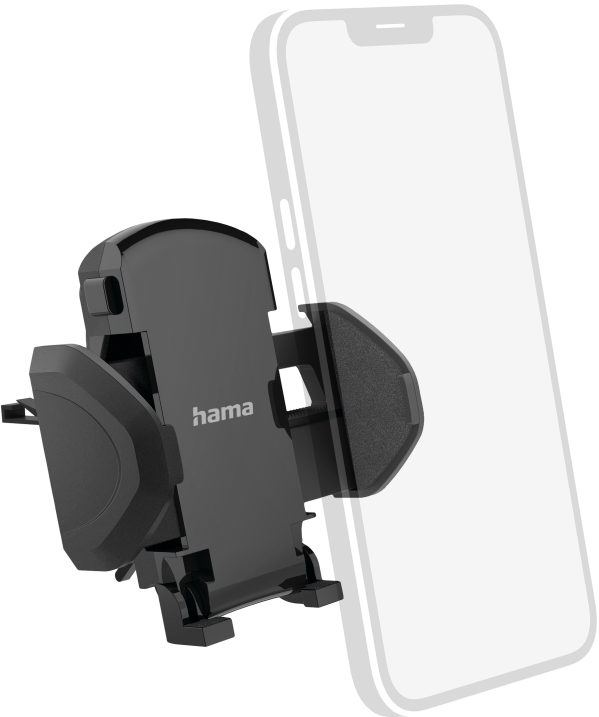 Zwarte telefoonhouder voor in de auto met een zwarte telefoon bevestigd. De houder is bevestigd aan het ventilatierooster.