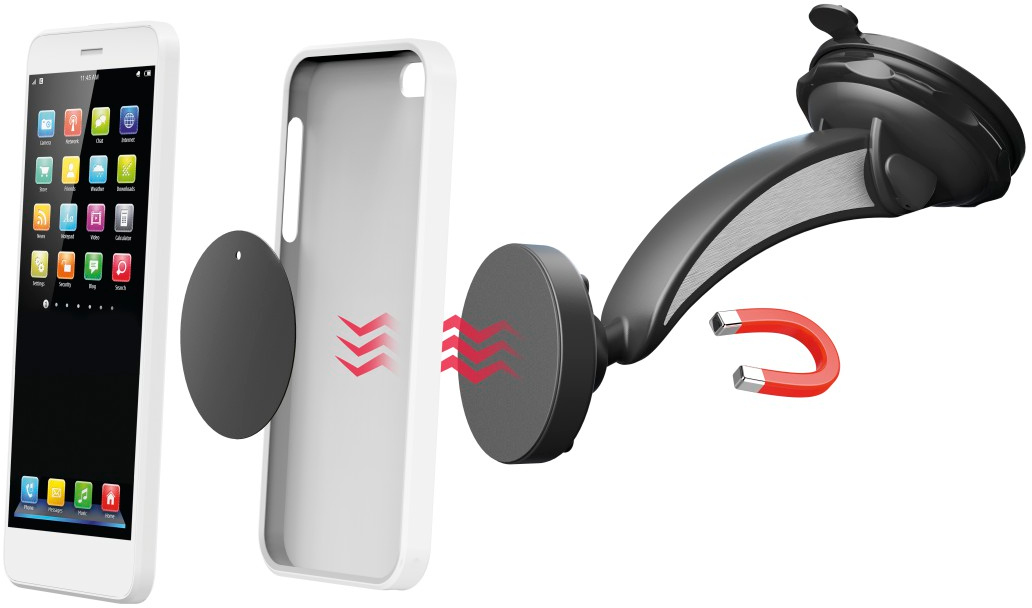 Een telefoon naast een magnetische autohouder en een magneet. De houder is gedemonteerd.