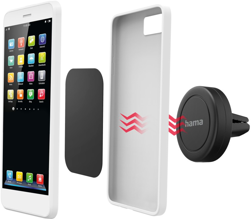 Un téléphone, un étui et un support de voiture. Le téléphone est blanc, l'étui a un design rouge et le support est noir.