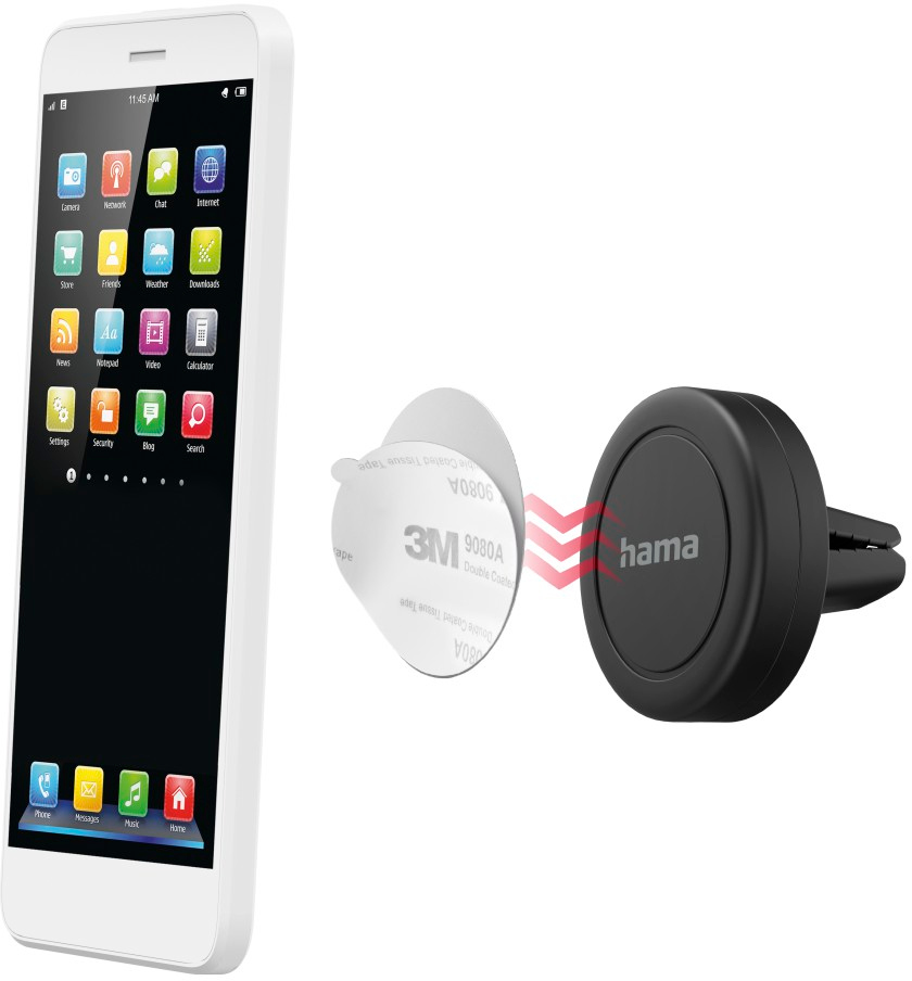 Un téléphone blanc avec un support de téléphone et une fixation magnétique.