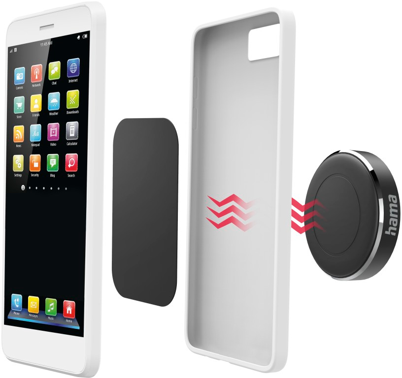 Un téléphone, une plaque magnétique, une coque et un support de téléphone, montrant la connexion avec des flèches.