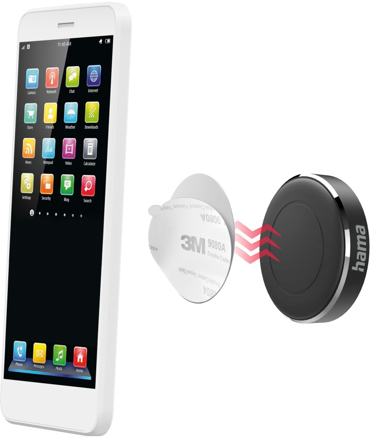 Un téléphone avec un étui et un support de voiture magnétique. L'aimant est fixé au téléphone.