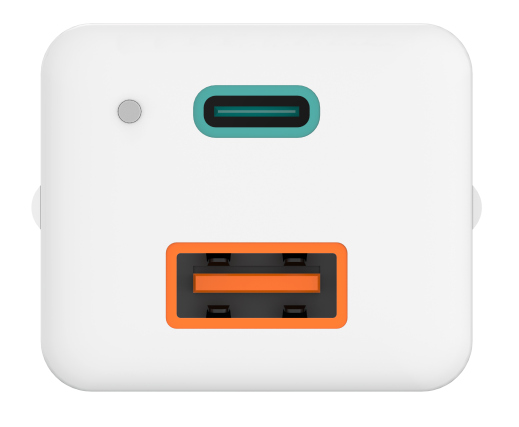 A white power adapter with two ports: a teal USB-C and an orange USB-A.