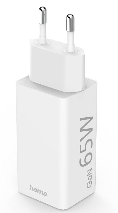 White 65W GaN charger with two silver pins.