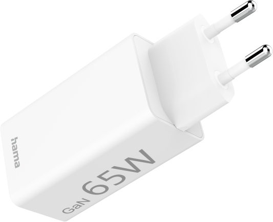 White Hama 65W GaN charger with two prongs. Angled view, isolated on white.