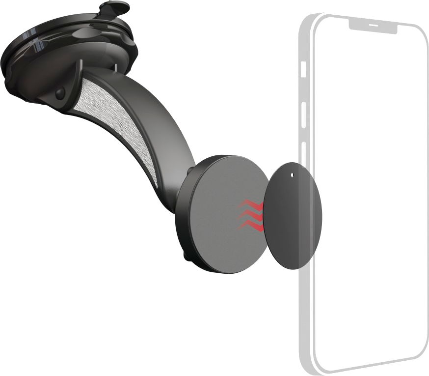 Zwarte telefoonhouder. Het is op een telefoon gemonteerd. De houder heeft een zuignap en magnetische bevestiging.