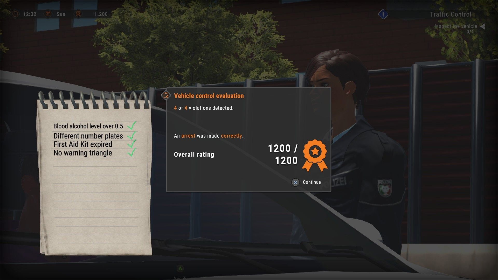 Spiel-UI mit Bewertung eines Polizisten, einschließlich Verhaftungsdetails und Gesamtbewertung von 1200/1200.