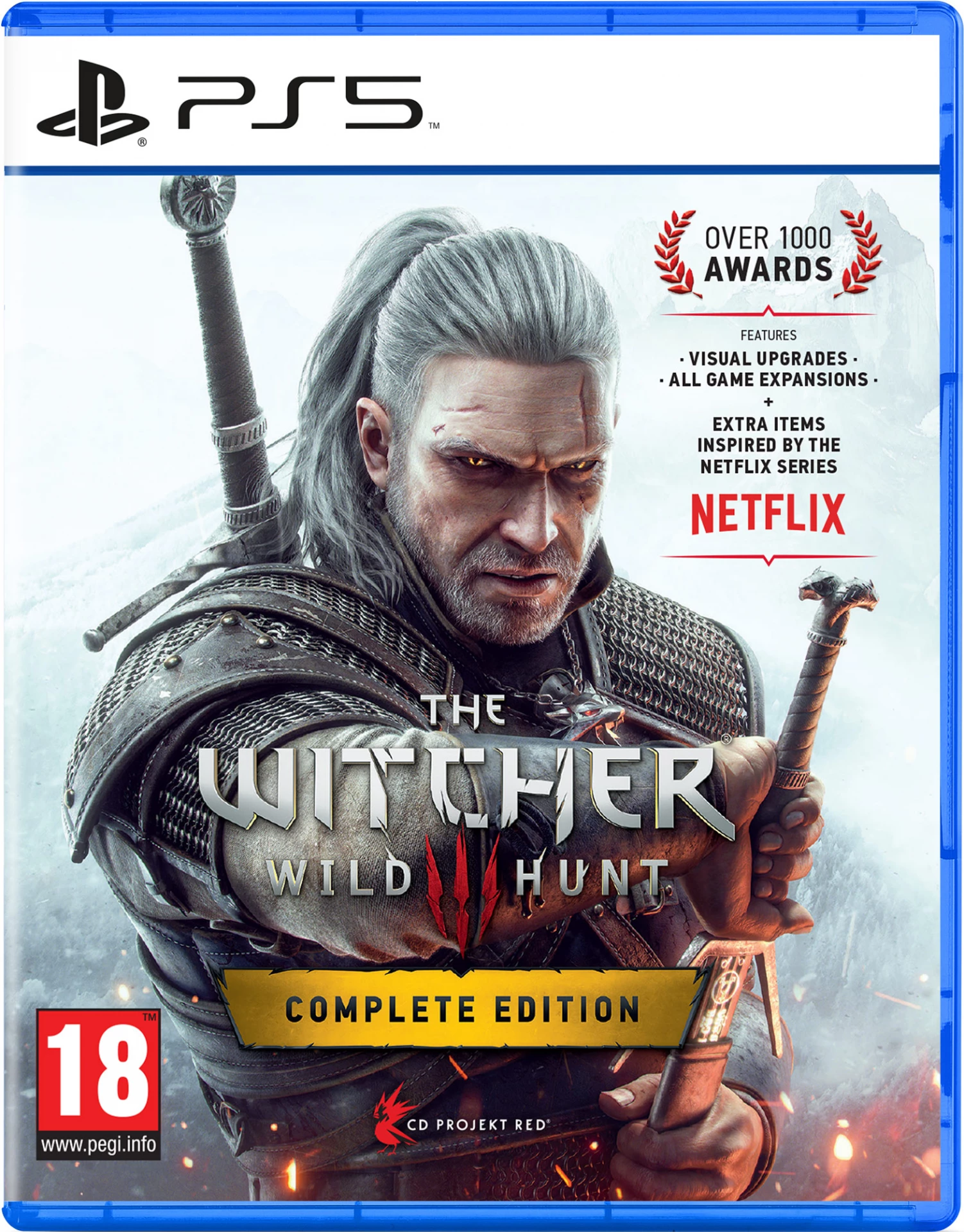The Witcher-gamebox. Geralt houdt zwaarden vast, met speltitel en Netflix-branding.