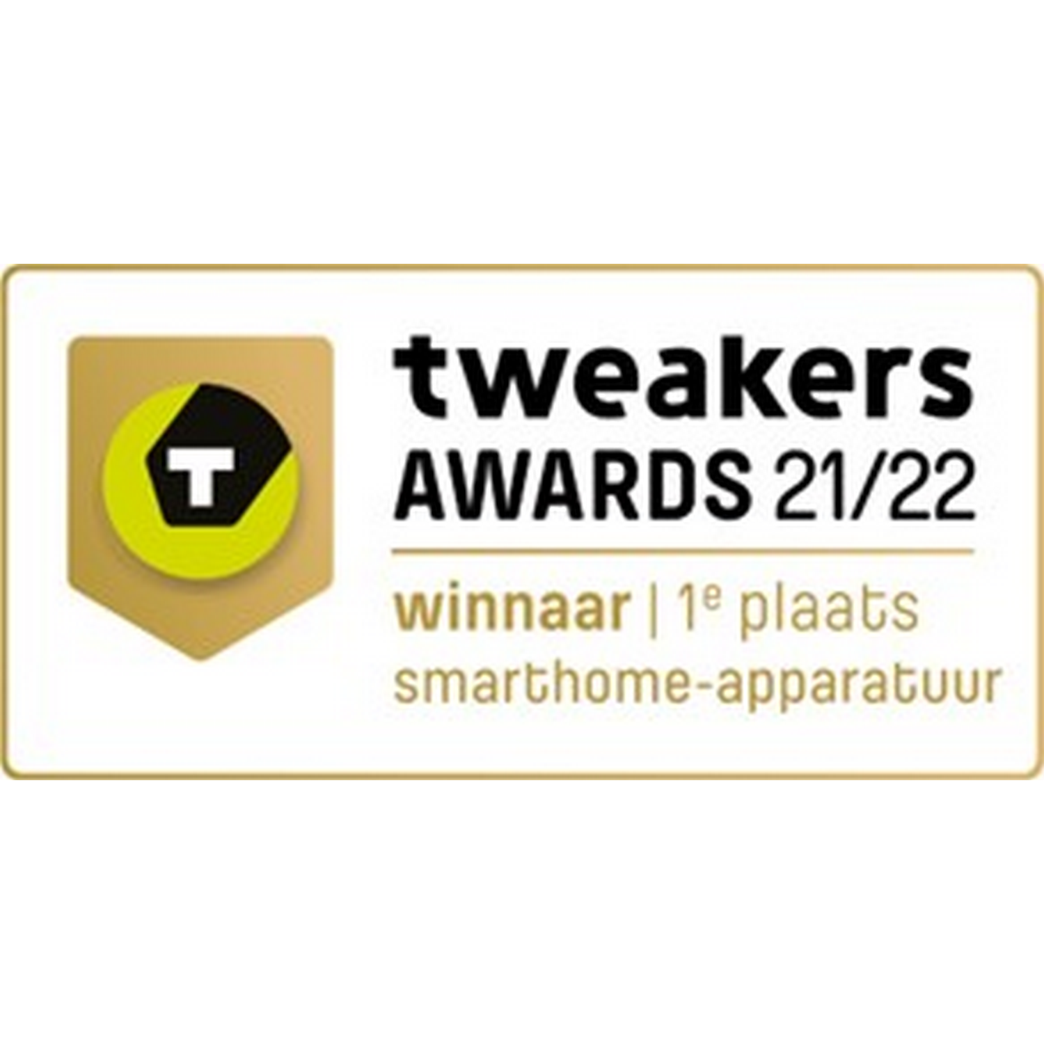 Een witgouden Tweakers Awards 21/22-badge, met de vermelding 'winnaar' en '1e plaats'.