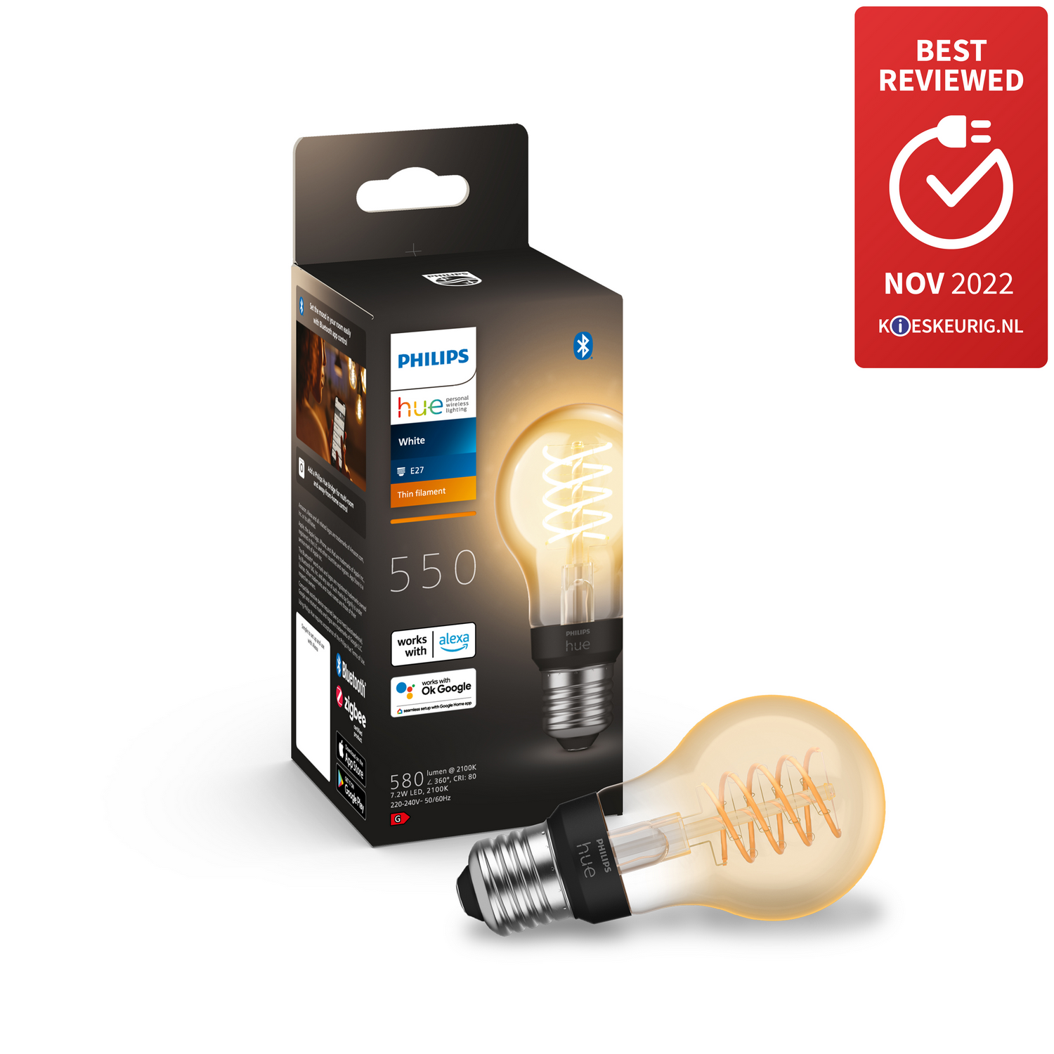 Een Philips Hue slimme lamp en de verpakking, met de kenmerken en het ontwerp.