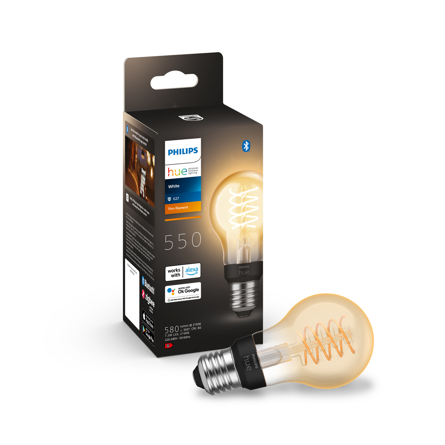 Philips Hue-lamp in doos, met een spiraalvormig filament en een zwarte voet.