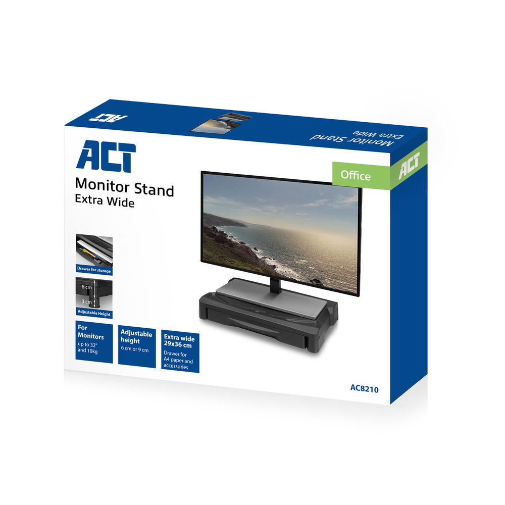 Monitorstandaard doos met een monitor erop. De doos bevat tekst en een monitorstandaard afbeelding.