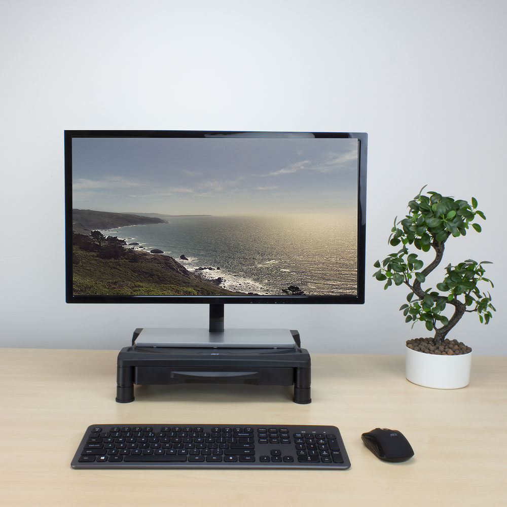 Monitor op een standaard met toetsenbord, muis en kleine plant.