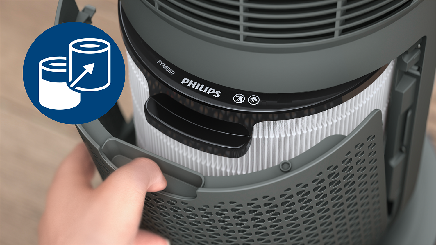 Air purifier filter element. Hand removing a filter from the device. Close up.