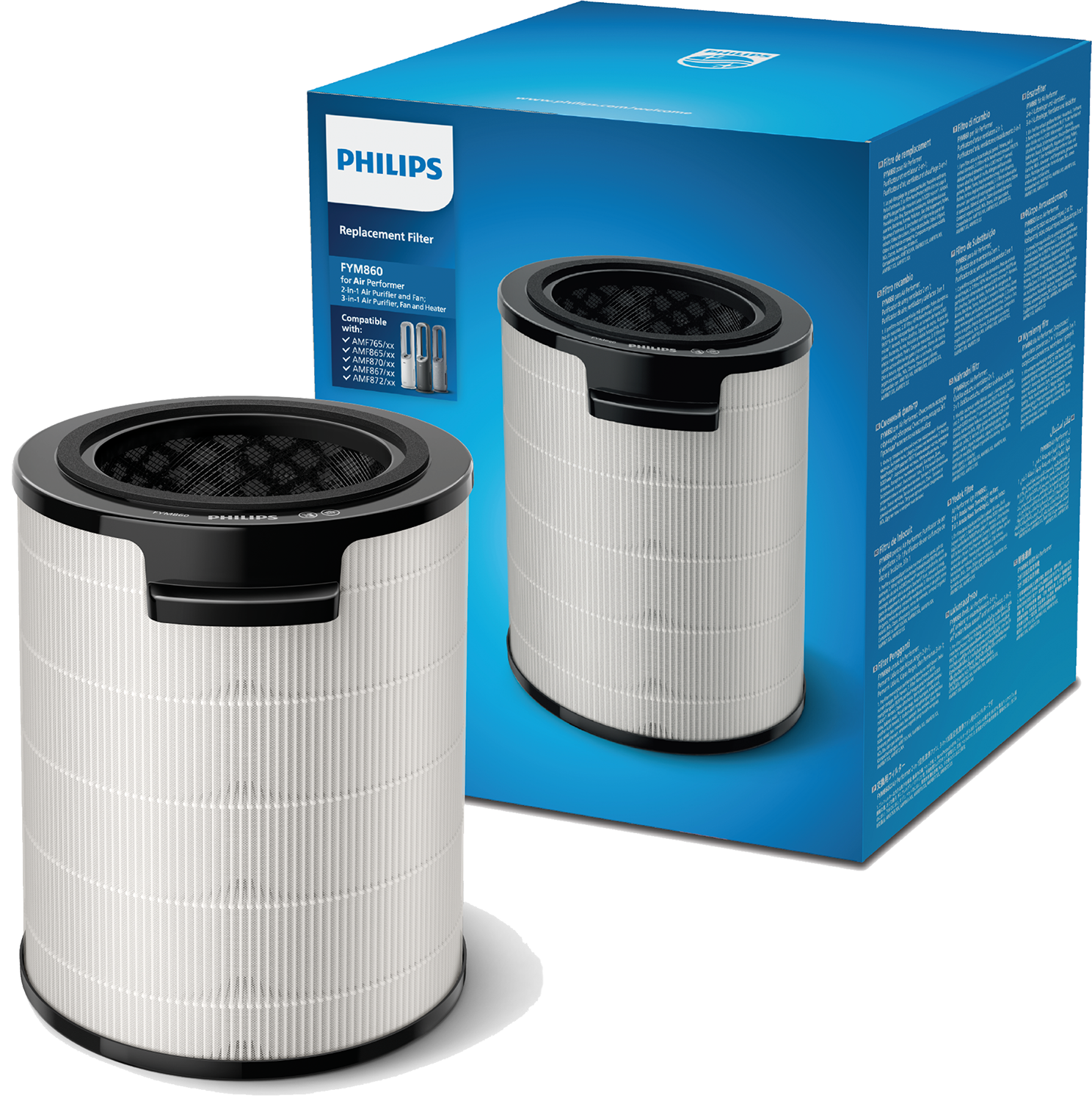 Two air filters in front of a box. White cylindrical filters.