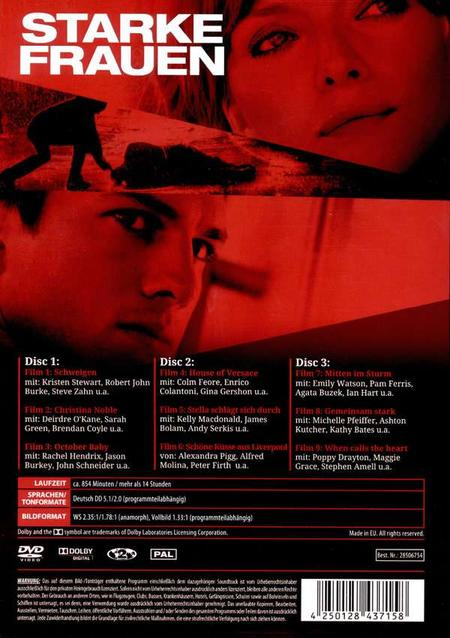 DVD-Hülle mit rotem Hintergrund und Bildern von Menschen. Text sagt 'Starke Frauen' und listet Filmtitel auf.